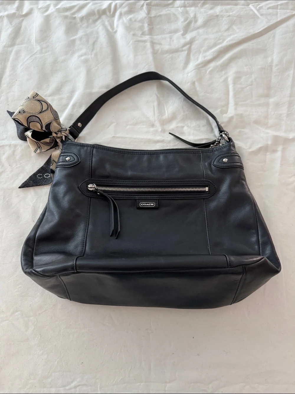 Coach Black Leather Shoulder Bag with Printed Scarf Accent